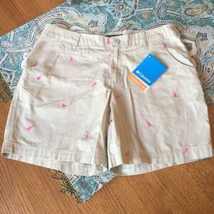 Columbia PFG Womens Shorts Khaki Embroidered Fish Pizza Cocktails Size 8 NWT